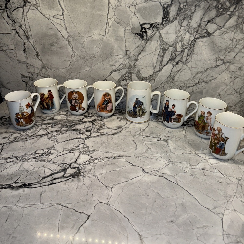 Norman Rockwell Coffee Mugs Set Vintage 1980s Gold Trim Lot 8 Set